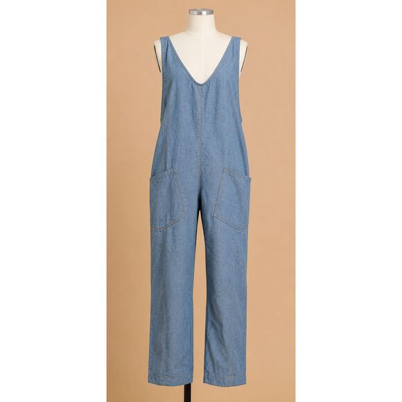 Gigio Pants - New GIGIO L 12 14 Blue Cotton Chambray Jumpsuit Front Pockets Adjustable Straps